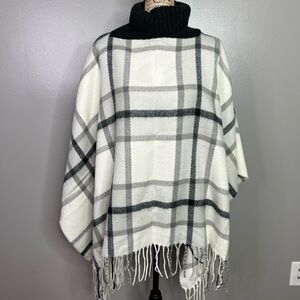 Plaid Turtleneck Poncho Sweater - Black and White fringe modern office travel